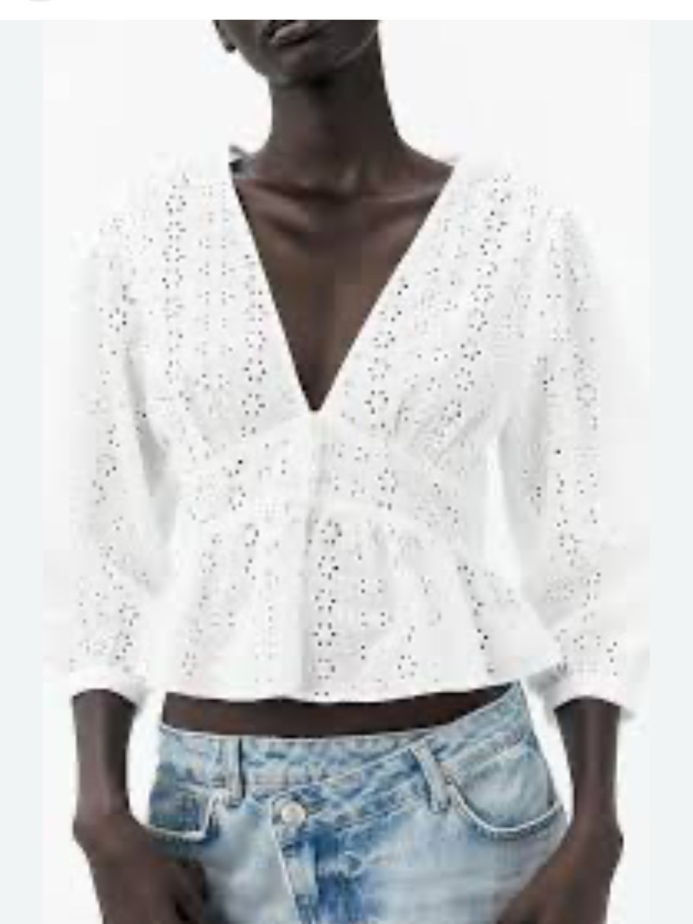 Zara White Eyelet V-Neck Peplum Blouse